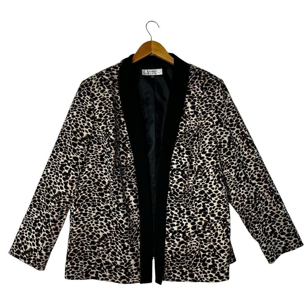 Tahari ASL Leopard Print Blazer Jacket Black Open 18 W‎ Shoulder Pads Plus Size
